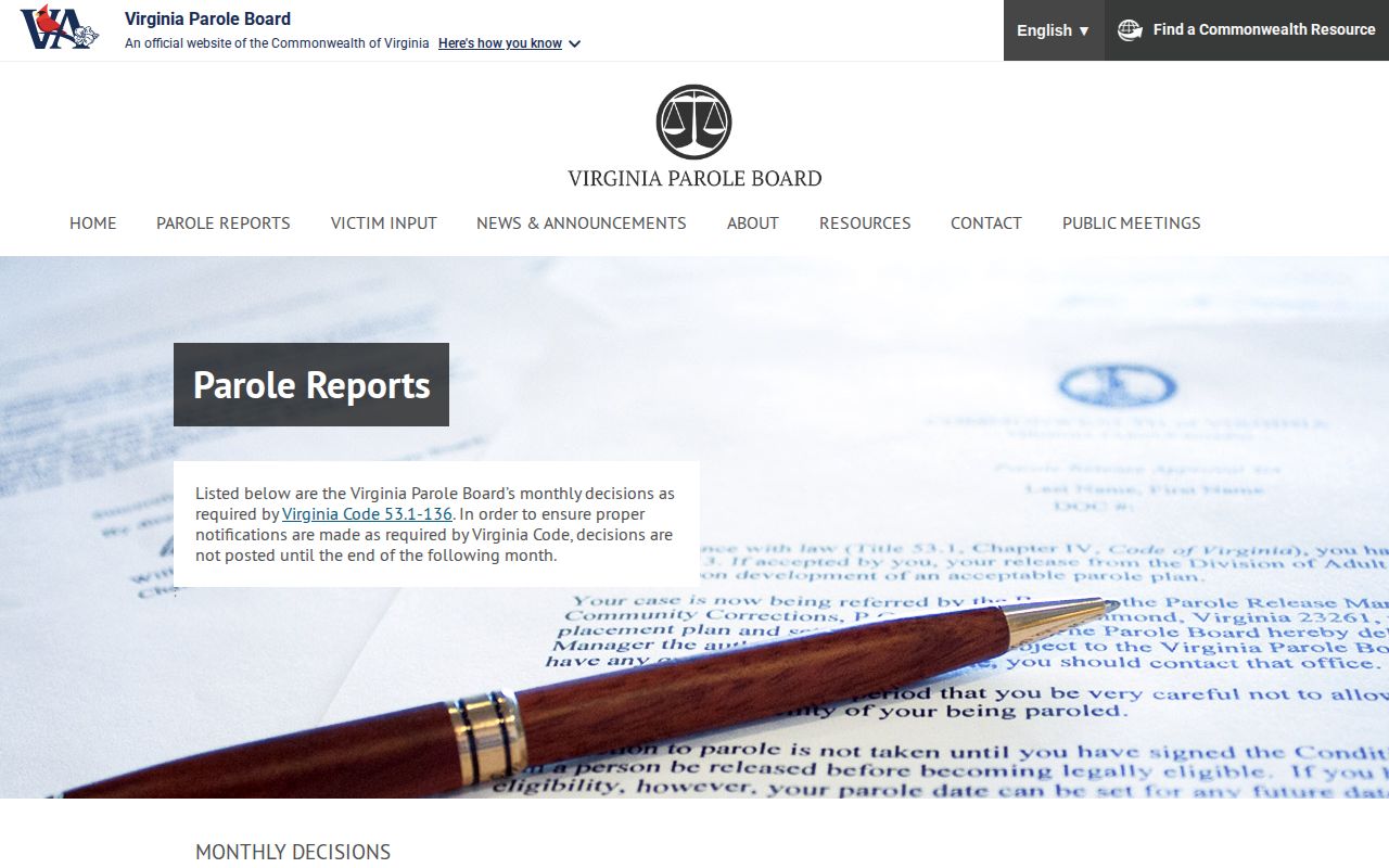 Highland County parole monthly decision report search
